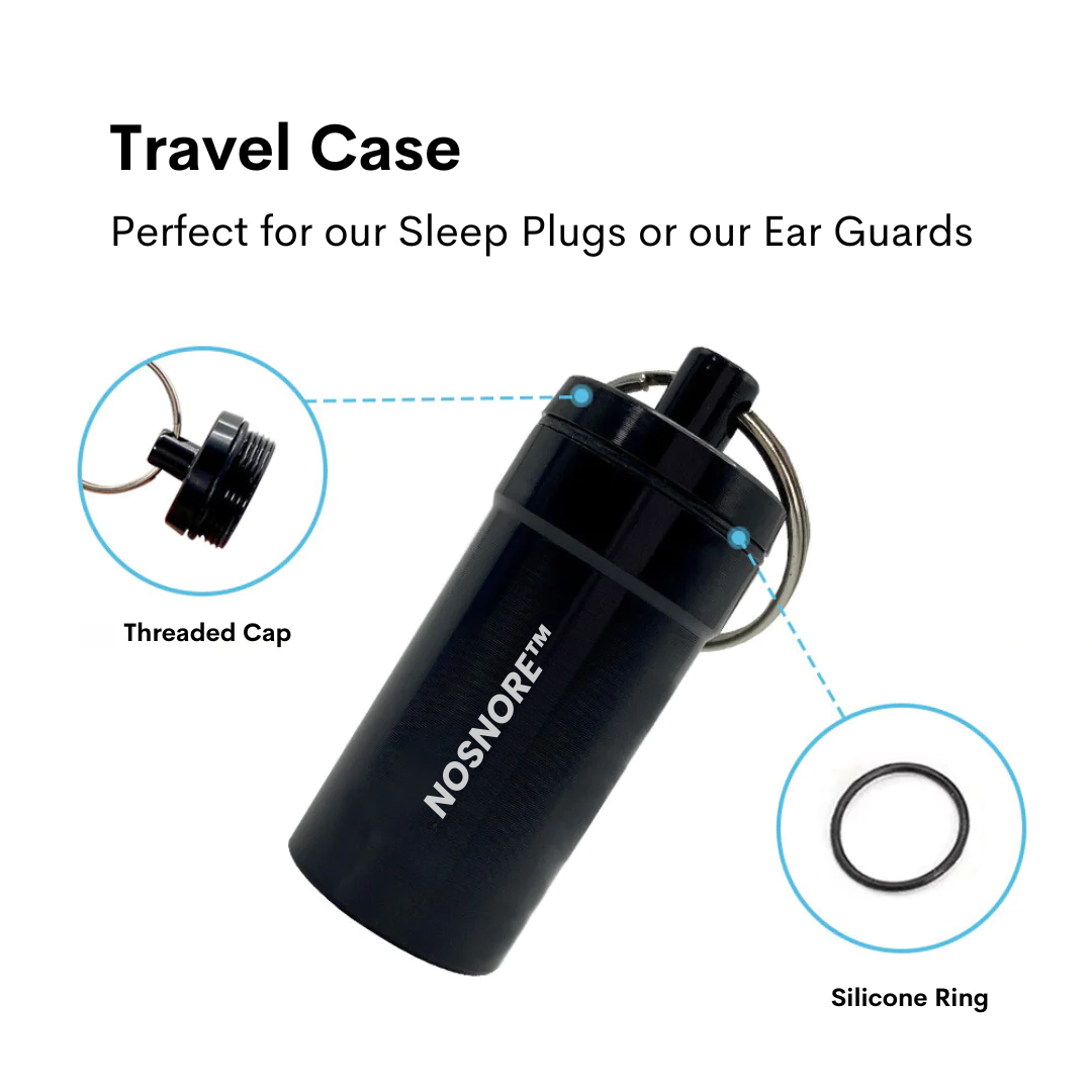 "Compact travel case for storing earplugs and sleep accessories."
"Durable travel case for sleep plugs and other small essentials."
"Lightweight travel case for easy storage of No-Snore products."