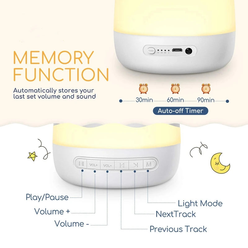 "Baby sound machine with soft night light and soothing sounds."
"White noise machine for babies, ideal for peaceful sleep."
"Baby sleep aid device with adjustable timer and calming sounds."