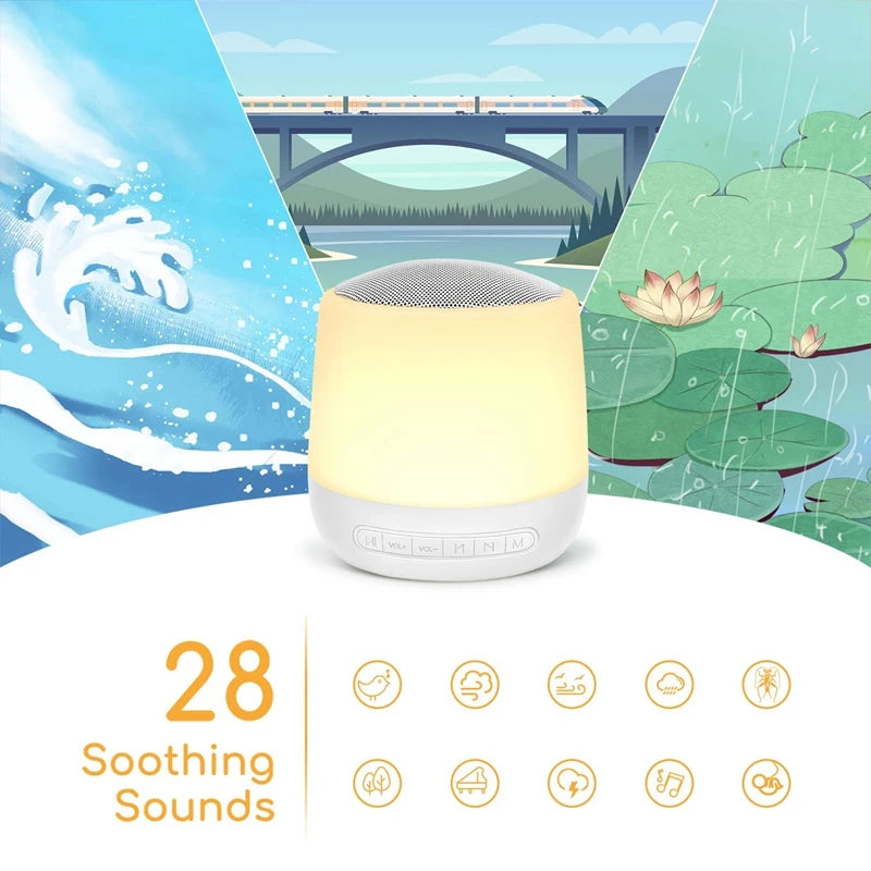 "Baby sound machine with soft night light and soothing sounds."
"White noise machine for babies, ideal for peaceful sleep."
"Baby sleep aid device with adjustable timer and calming sounds."